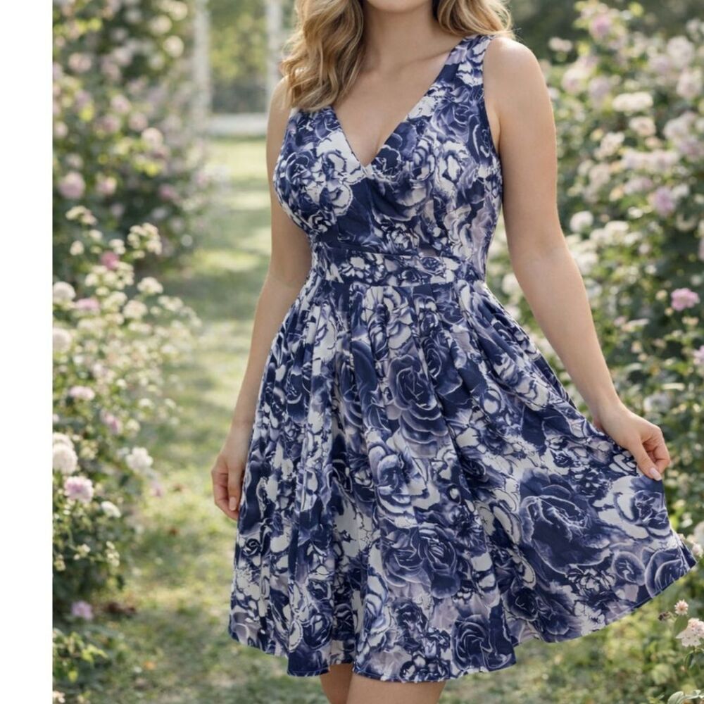 Tommy Hilfiger Floral Dress 10 Indigo Purple Fit & Flare Quiet Luxury Spring